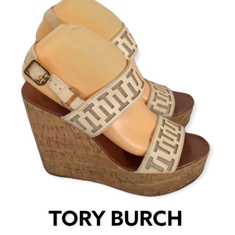 Authentic Tory Burch signature designer wedge leather sandals Sz 8.5